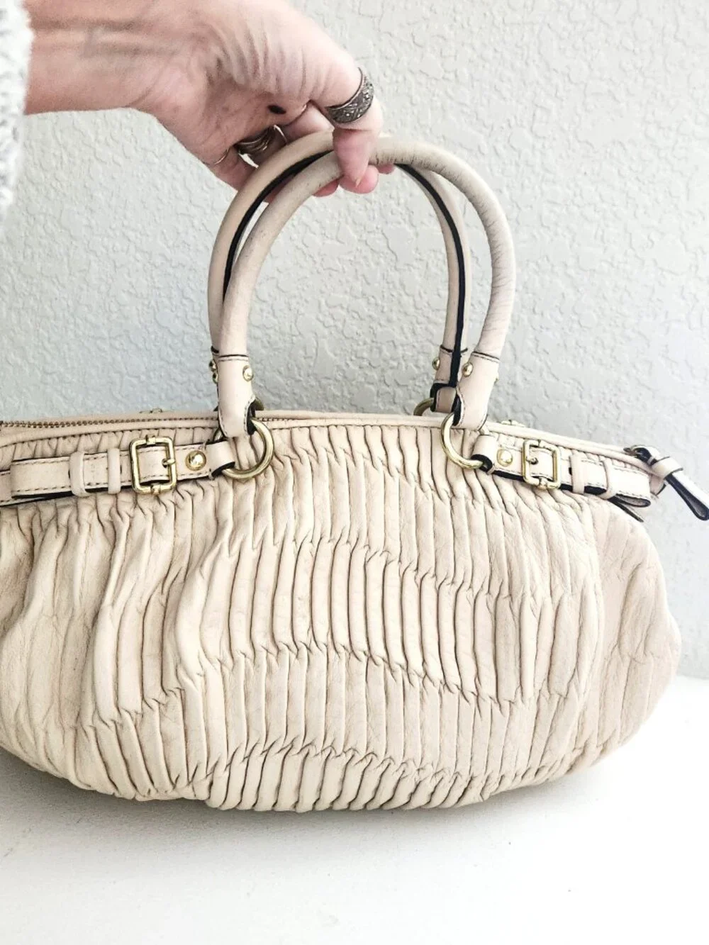 Coach Sophia Gathered Beige Leather Satchel Handbag Purse